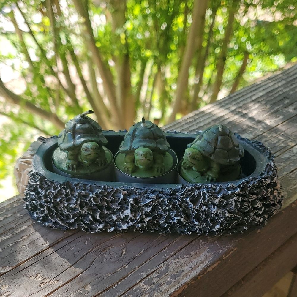 Vintage 1996 Turtle Candle Set in Stone Dish – Unburned, Whimsical Home Décor